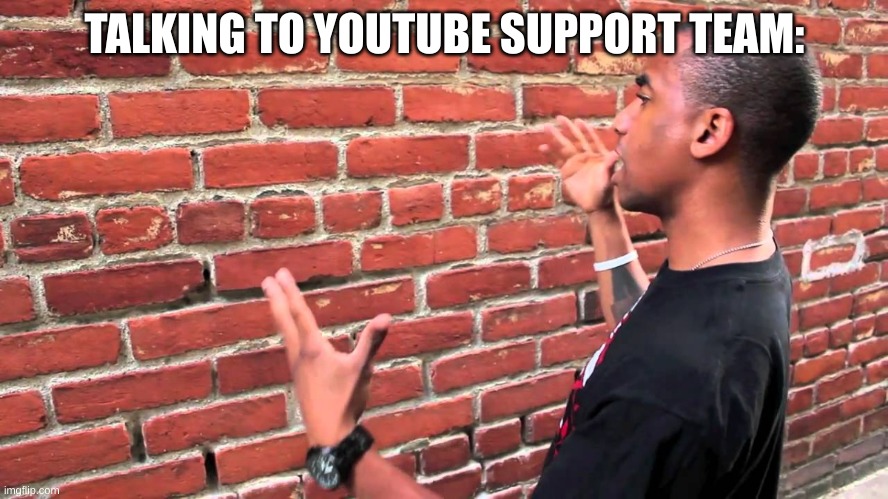 Yeah | TALKING TO YOUTUBE SUPPORT TEAM: | image tagged in guy talking to brick wall | made w/ Imgflip meme maker