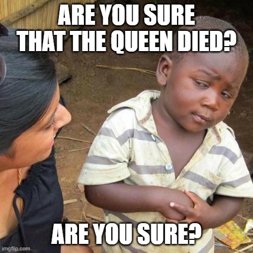 Third World Skeptical Kid | ARE YOU SURE THAT THE QUEEN DIED? ARE YOU SURE? | image tagged in memes,third world skeptical kid | made w/ Imgflip meme maker