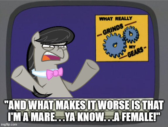 what really grinds my gears Octavia Melody | "AND WHAT MAKES IT WORSE IS THAT I'M A MARE. . .YA KNOW. . .A FEMALE!" | image tagged in what really grinds my gears octavia melody | made w/ Imgflip meme maker