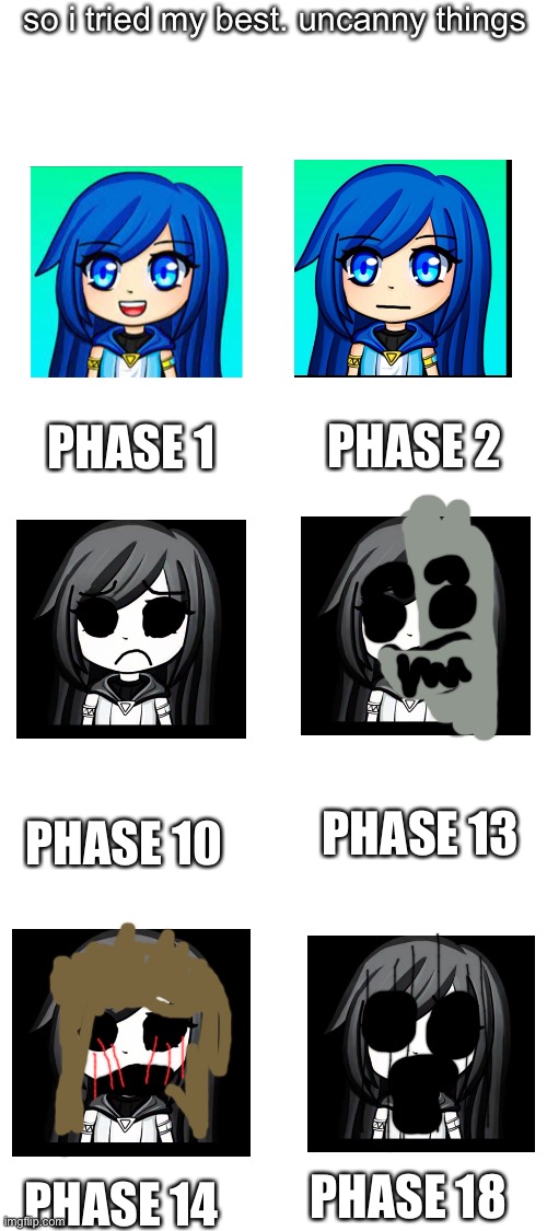 itsfunneh becoming uncanny phases but preview | so i tried my best. uncanny things; PHASE 2; PHASE 1; PHASE 10; PHASE 13; PHASE 14; PHASE 18 | image tagged in blank white template | made w/ Imgflip meme maker