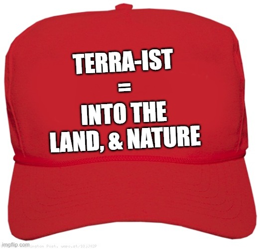 don't be a terrorist, be terra-ist | INTO THE LAND, & NATURE; TERRA-IST = | image tagged in blank red maga hat | made w/ Imgflip meme maker