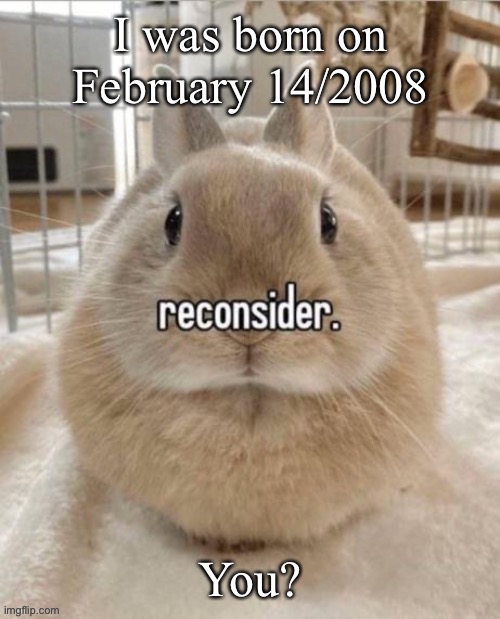 reconsider | I was born on February 14/2008; You? | image tagged in reconsider | made w/ Imgflip meme maker