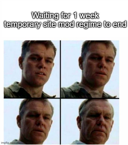 Matt Damon gets older | Waiting for 1 week temporary site mod regime to end | image tagged in matt damon gets older | made w/ Imgflip meme maker