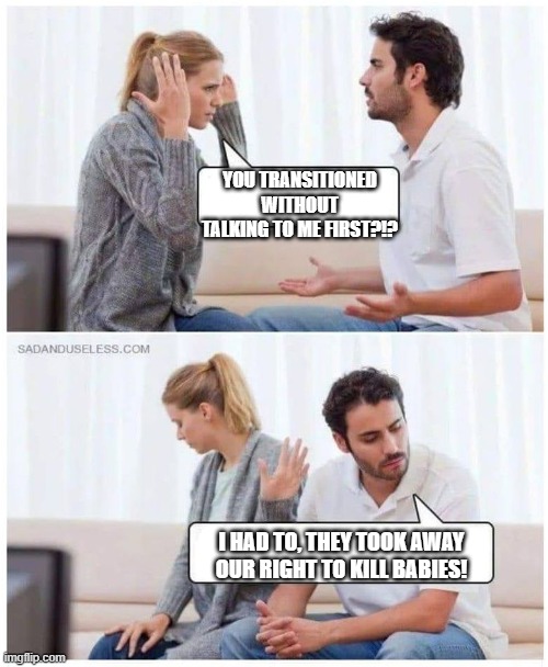 husband is a dummy |  YOU TRANSITIONED WITHOUT TALKING TO ME FIRST?!? I HAD TO, THEY TOOK AWAY OUR RIGHT TO KILL BABIES! | image tagged in couple,couple talking | made w/ Imgflip meme maker