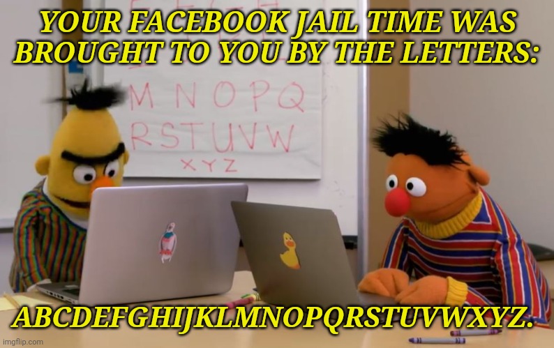 Facebook Jail |  YOUR FACEBOOK JAIL TIME WAS BROUGHT TO YOU BY THE LETTERS:; ABCDEFGHIJKLMNOPQRSTUVWXYZ. | image tagged in ernie bert | made w/ Imgflip meme maker