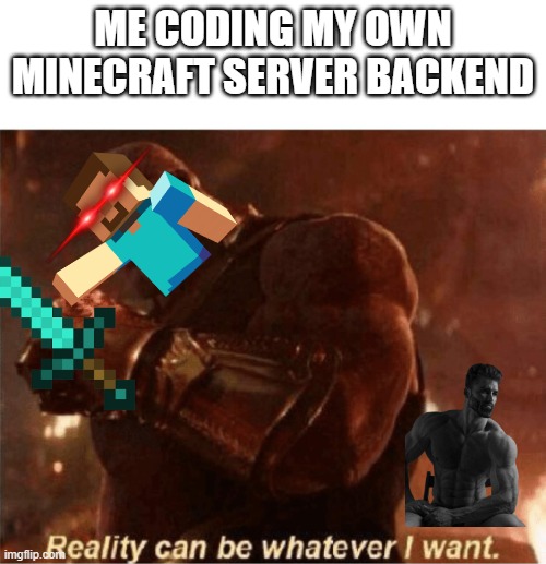 Minecraft server coding for the win | ME CODING MY OWN MINECRAFT SERVER BACKEND | image tagged in reality can be whatever i want | made w/ Imgflip meme maker