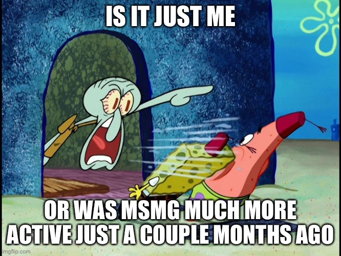 Squidward Screaming | IS IT JUST ME; OR WAS MSMG MUCH MORE ACTIVE JUST A COUPLE MONTHS AGO | image tagged in squidward screaming | made w/ Imgflip meme maker