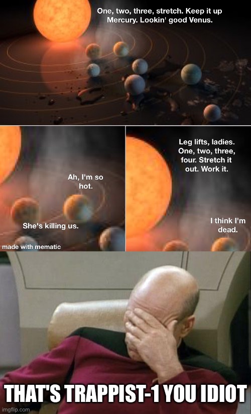 mematic moment | THAT'S TRAPPIST-1 YOU IDIOT | image tagged in memes,captain picard facepalm,exoplanets,bruh,facepalm | made w/ Imgflip meme maker