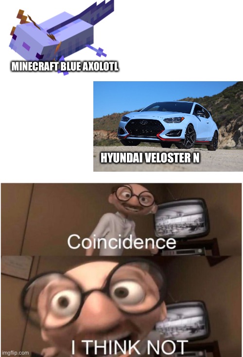 MINECRAFT BLUE AXOLOTL; HYUNDAI VELOSTER N | image tagged in blank white template,coincidence i think not | made w/ Imgflip meme maker