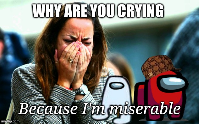 Amongus comforts w0man |  WHY ARE YOU CRYING; Because I'm miserable | image tagged in amogus sussy,crying | made w/ Imgflip meme maker