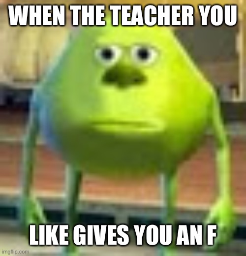 Sully Wazowski | WHEN THE TEACHER YOU; LIKE GIVES YOU AN F | image tagged in sully wazowski | made w/ Imgflip meme maker