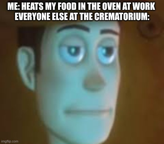 disappointed woody | ME: HEATS MY FOOD IN THE OVEN AT WORK 

EVERYONE ELSE AT THE CREMATORIUM: | image tagged in disappointed woody | made w/ Imgflip meme maker