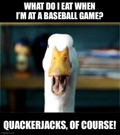 Duck | WHAT DO I EAT WHEN I’M AT A BASEBALL GAME? QUACKERJACKS, OF COURSE! | image tagged in aflac duck | made w/ Imgflip meme maker