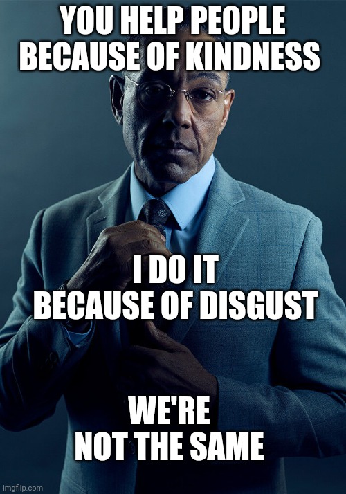 Gus Fring we are not the same | YOU HELP PEOPLE BECAUSE OF KINDNESS; I DO IT BECAUSE OF DISGUST; WE'RE NOT THE SAME | image tagged in gus fring we are not the same | made w/ Imgflip meme maker