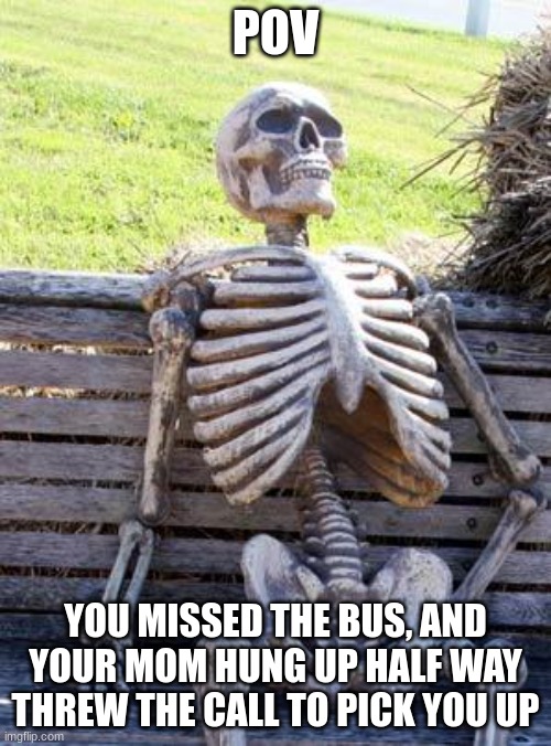 fun lolollo | POV; YOU MISSED THE BUS, AND YOUR MOM HUNG UP HALF WAY THREW THE CALL TO PICK YOU UP | image tagged in memes,waiting skeleton | made w/ Imgflip meme maker