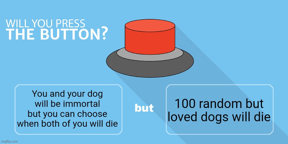 Would you do it? | You and your dog will be immortal but you can choose when both of you will die; 100 random but loved dogs will die | image tagged in would you press the button | made w/ Imgflip meme maker