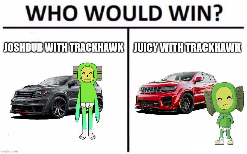 Who Would Win? | JOSHDUB WITH TRACKHAWK; JUICY WITH TRACKHAWK | image tagged in memes,who would win | made w/ Imgflip meme maker