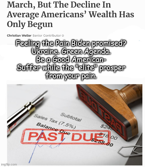 Feeling the pain yet? | Feeling the Pain Biden promised?
Ukraine. Green Agenda.
Be a Good American-
Suffer while the "elite" prosper
from your pain. | image tagged in mrmrs,politics | made w/ Imgflip meme maker