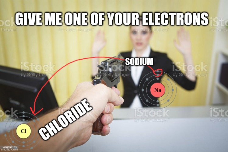 Ionic Bong Meme | GIVE ME ONE OF YOUR ELECTRONS; SODIUM; CHLORIDE | image tagged in bonding,ionic,charged,chemistry | made w/ Imgflip meme maker