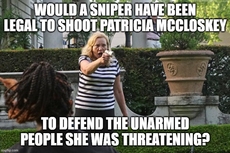 Brandishing is Illegal - Unalienable right of self-defense | WOULD A SNIPER HAVE BEEN LEGAL TO SHOOT PATRICIA MCCLOSKEY; TO DEFEND THE UNARMED PEOPLE SHE WAS THREATENING? | image tagged in patricia mccloskey brandishing a weapon,terrorists,white supremacists,trumpers,republicans,racist | made w/ Imgflip meme maker