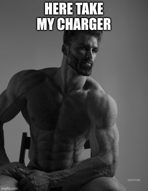 Giga Chad | HERE TAKE MY CHARGER | image tagged in giga chad | made w/ Imgflip meme maker