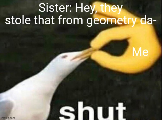 SHUT | Sister: Hey, they stole that from geometry da- Me | image tagged in shut | made w/ Imgflip meme maker