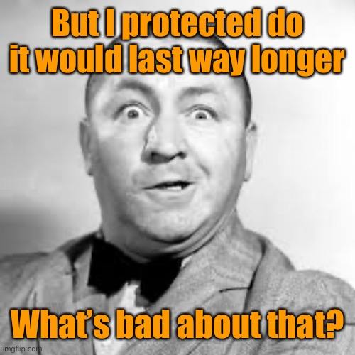 curly three stooges | But I protected do it would last way longer What’s bad about that? | image tagged in curly three stooges | made w/ Imgflip meme maker