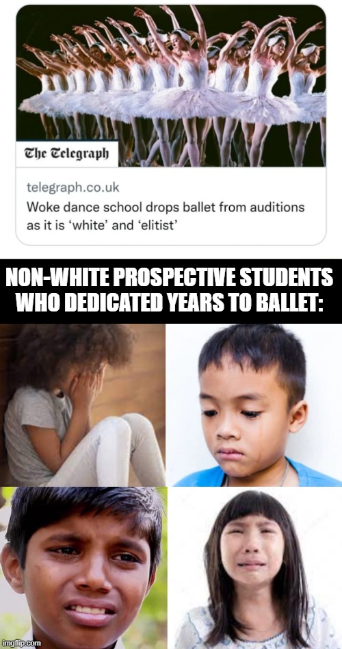 Imagine practicing something to love only not to audition with it because some tumblr graduate cried. | NON-WHITE PROSPECTIVE STUDENTS WHO DEDICATED YEARS TO BALLET: | image tagged in woke,hypocrisy,racism,dance,ballet,really leftists | made w/ Imgflip meme maker