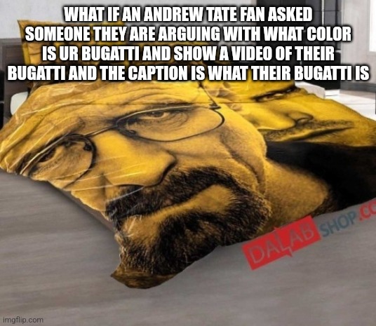 Breaking Bed | WHAT IF AN ANDREW TATE FAN ASKED SOMEONE THEY ARE ARGUING WITH WHAT COLOR IS UR BUGATTI AND SHOW A VIDEO OF THEIR BUGATTI AND THE CAPTION IS WHAT THEIR BUGATTI IS | image tagged in breaking bed | made w/ Imgflip meme maker