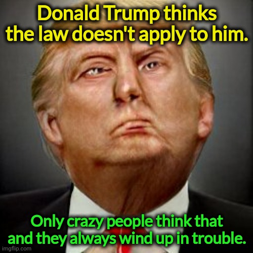 Donald Trump doesn't think the law applies to him. Neither did Jeffrey Dahmer. | Donald Trump thinks the law doesn't apply to him. Only crazy people think that and they always wind up in trouble. | image tagged in crazy,criminal,trouble,trump | made w/ Imgflip meme maker