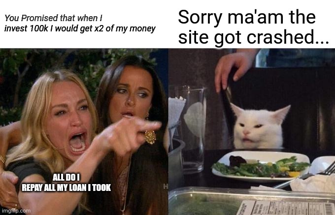 Woman Yelling At Cat | You Promised that when I invest 100k I would get x2 of my money; Sorry ma'am the site got crashed... ALL DO I REPAY ALL MY LOAN I TOOK | image tagged in memes,woman yelling at cat | made w/ Imgflip meme maker