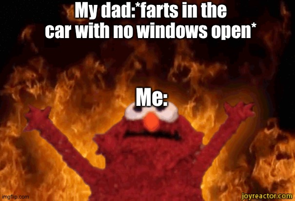 burning elmo | My dad:*farts in the car with no windows open*; Me: | image tagged in burning elmo,death fart | made w/ Imgflip meme maker