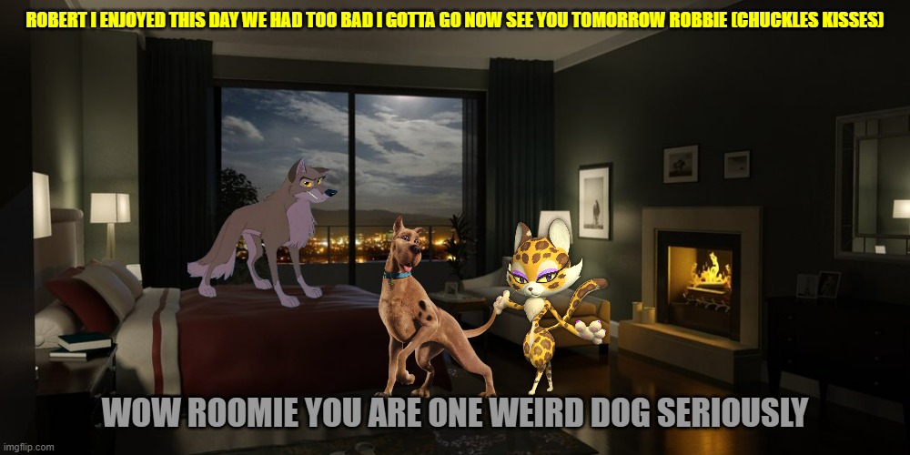 you are one weird dog | ROBERT I ENJOYED THIS DAY WE HAD TOO BAD I GOTTA GO NOW SEE YOU TOMORROW ROBBIE (CHUCKLES KISSES); WOW ROOMIE YOU ARE ONE WEIRD DOG SERIOUSLY | image tagged in night bedroom,dogs,cats,wolves,romance | made w/ Imgflip meme maker