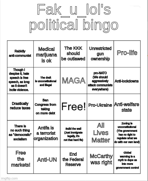 I'll make this into a template, link in comments | Fak_u_lol's political bingo; The KKK should be outlawed; Medical marijuana is ok; Pro-life; Rabidly anti-communist; Unrestricted gun ownership; MAGA; Though I despise it, hate speech is free speech, as long as it doesn't incite violence. pro-NATO
(We should aggressively attack communists everywhere); Anti-lockdowns; The draft is unconstitutional and illegal; Pro-Ukraine; Drastically reduce taxes; Anti-welfare state; Ban Congress from taking on more debt; Zoning is unconstitutional
(The government has no right to regulate what we do with our own land); There is no such thing as "democratic" socialism; Antifa is a terrorist organization; All Lives Matter; Build the wall
(Just immigrate legally, it's not that hard ffs); Anti-UN; Global warming is a myth to dupe us into more government control; Free the markets! End the Federal Reserve; McCarthy was right | image tagged in blank bingo | made w/ Imgflip meme maker