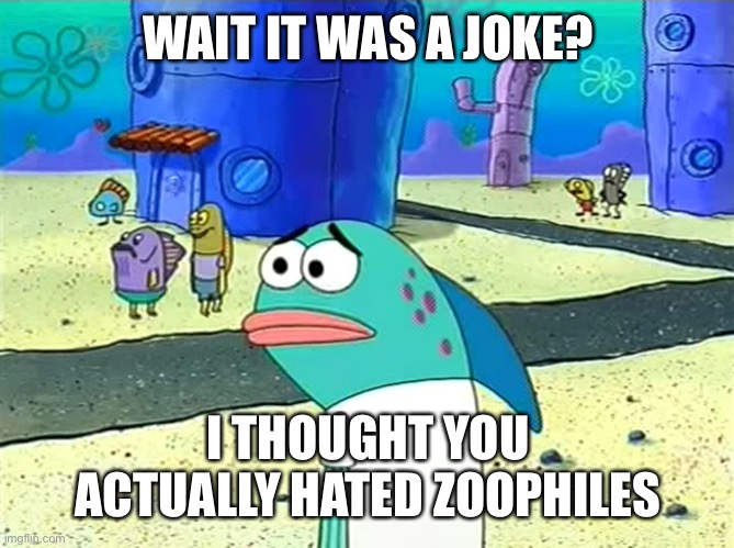 Spongebob I thought it was a joke | WAIT IT WAS A JOKE? I THOUGHT YOU ACTUALLY HATED ZOOPHILES | image tagged in spongebob i thought it was a joke | made w/ Imgflip meme maker