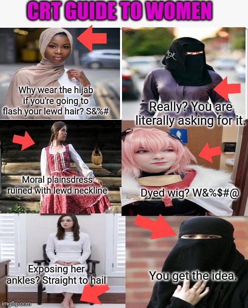 Vote CRT | CRT GUIDE TO WOMEN; Why wear the hijab if you're going to flash your lewd hair? S&%#; Really? You are literally asking for it. Moral plainsdress ruined with lewd neckline; Dyed wig? W&%$#@; Exposing her ankles? Straight to hail; You get the idea. | image tagged in memes,blank comic panel 2x2,vote,crt,party | made w/ Imgflip meme maker