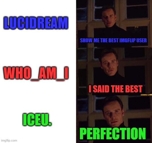 perfection | LUCIDREAM; SHOW ME THE BEST IMGFLIP USER; WHO_AM_I; I SAID THE BEST; ICEU. PERFECTION | image tagged in perfection | made w/ Imgflip meme maker