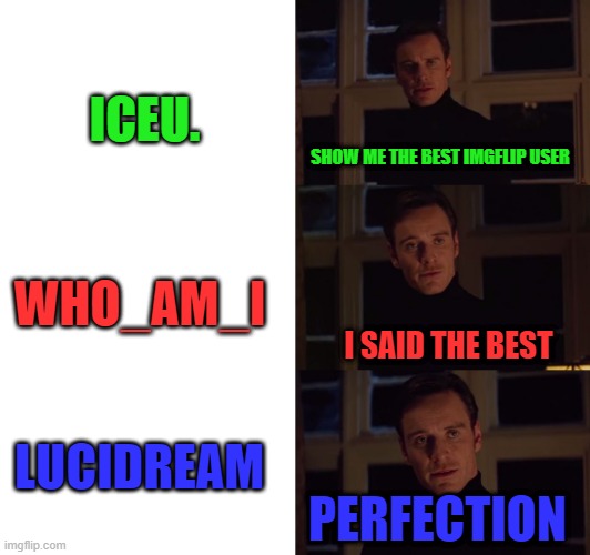 perfection | ICEU. SHOW ME THE BEST IMGFLIP USER; WHO_AM_I; I SAID THE BEST; LUCIDREAM; PERFECTION | image tagged in perfection | made w/ Imgflip meme maker