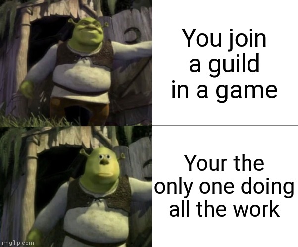 I'm stuck in a guild bcs am to nice to leave | You join a guild in a game; Your the only one doing all the work | image tagged in shocked shrek face swap,memes,funny,help | made w/ Imgflip meme maker