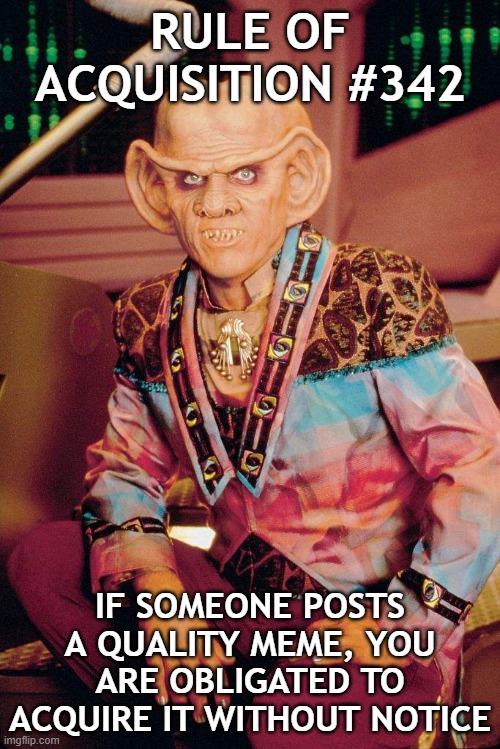Meme Acuisition | RULE OF ACQUISITION #342; IF SOMEONE POSTS A QUALITY MEME, YOU ARE OBLIGATED TO ACQUIRE IT WITHOUT NOTICE | image tagged in meme,rules of aquisition,ds9,quark,star trek | made w/ Imgflip meme maker