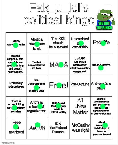 We have a winner | WE GOT THE BINGO | image tagged in fak_u_lol's political bingo,bingo,winner,winner chicken dinner | made w/ Imgflip meme maker