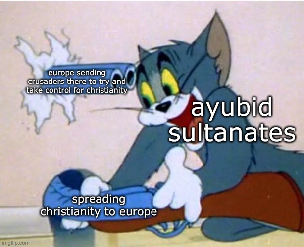 i literally just forogr some of the details | europe sending crusaders there to try and take control for christianity; ayubid sultanates; spreading christianity to europe | image tagged in tom and jerry,history memes | made w/ Imgflip meme maker