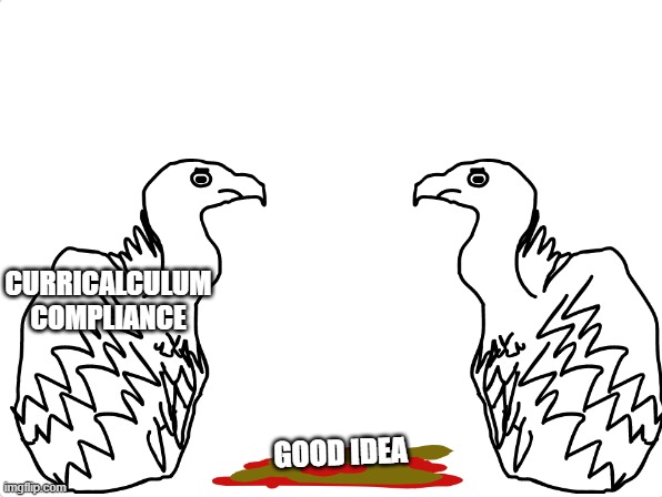 Two vultures cleaning up! | CURRICALCULUM COMPLIANCE; GOOD IDEA | image tagged in vulture,work,told to make | made w/ Imgflip meme maker