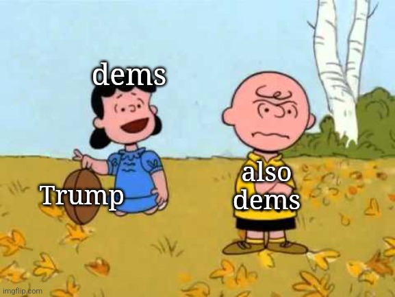 40 subpoenas, folks! We've really got him this time! |  dems; also dems; Trump | image tagged in lucy football and charlie brown | made w/ Imgflip meme maker