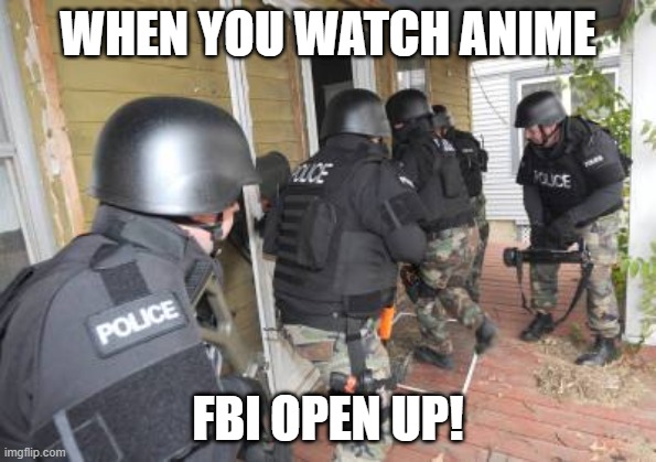 Swat Team | WHEN YOU WATCH ANIME; FBI OPEN UP! | image tagged in swat team | made w/ Imgflip meme maker