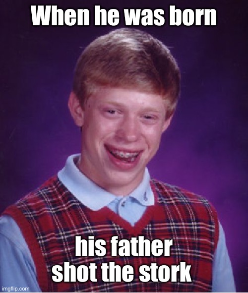 Bad Luck Brian Meme | When he was born his father shot the stork | image tagged in memes,bad luck brian | made w/ Imgflip meme maker