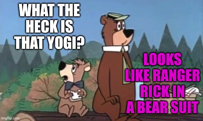 Yogi Bear | WHAT THE HECK IS THAT YOGI? LOOKS LIKE RANGER RICK IN A BEAR SUIT | image tagged in yogi bear | made w/ Imgflip meme maker