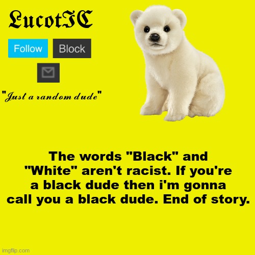 racism | The words "Black" and "White" aren't racist. If you're a black dude then i'm gonna call you a black dude. End of story. | image tagged in lucotic polar bear announcement template | made w/ Imgflip meme maker