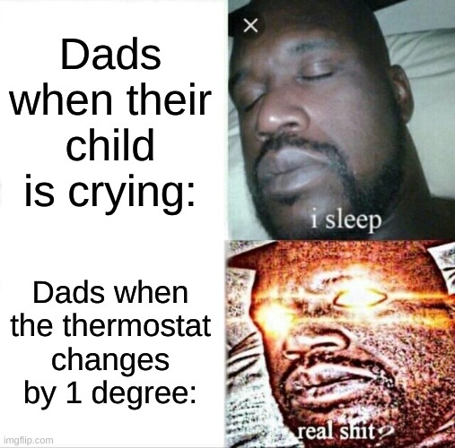 Sleeping Shaq Meme | Dads when their child is crying:; Dads when the thermostat changes by 1 degree: | image tagged in memes,sleeping shaq | made w/ Imgflip meme maker
