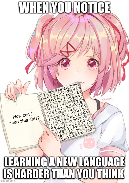 How can I read this? | WHEN YOU NOTICE; LEARNING A NEW LANGUAGE IS HARDER THAN YOU THINK | image tagged in how can i read this | made w/ Imgflip meme maker